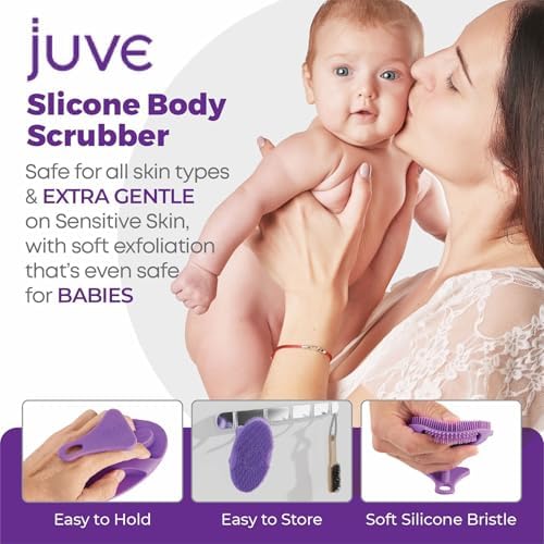 Juve Silicone Shower Scrubber- Body and Face Exfoliator for Women and Men- Exfoliating Bath Brush for Showering- Wash Away Excess Skin- Bathing Essentials Products and Accessories for Hygiene