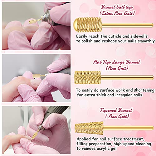 Hestya 7 Pieces Nail Drill Bits Set Tungsten Carbide Drill Bits for Nails Electric File 3/32 Inch Diamond Manicure Pedicure Cuticle Remover Tools for Acrylic Gel fingernail Salon(Gold)