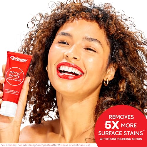 Colgate Optic White Stain Fighter Teeth Whitening Toothpaste, Anticavity Fluoride Toothpaste for Whitening Teeth, Helps Remove Daily Surface Stains, Clean Mint Paste, 4 Pack, 4.2 oz