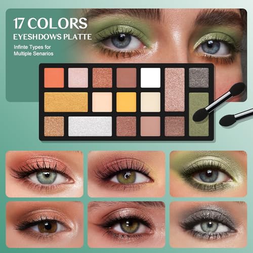 Color Nymph Beginner Makeup Kit For Teens, Girls Makeup kits With Recyclable And Key-Lockable Cabinet Included 17-Colors Eyeshadows Blushes Bronzer Highlighter Lipstick Brushes Mirror(Green)