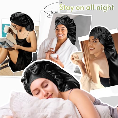 BONNET QUEEN Braid Bonnet Foldable Extra Long Bonnet for Braids Silk Bonnet Satin Bonnet with tie Band Hair Bonnet for Sleeping Night for Locs Black