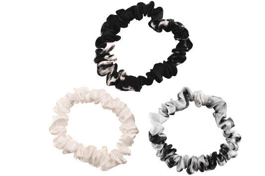 Celestial Silk Mulberry Silk Scrunchies for Hair (Small, Black Marble, White Marble, Ivory)