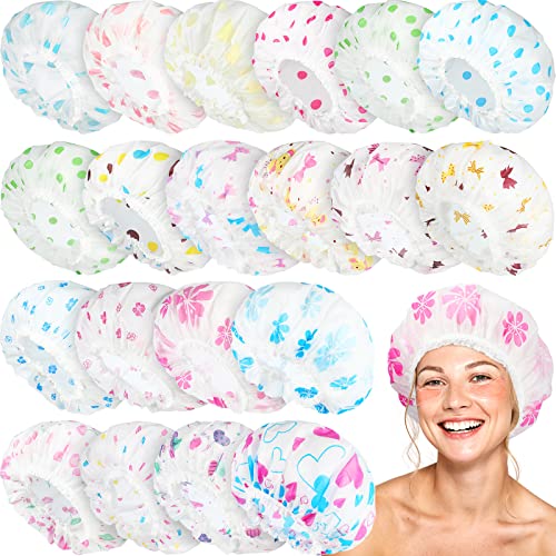 20 Pcs Waterproof Shower Caps for Women,Reusable Plastic Bath Hair Caps with Elastic Band Assorted Colors for Home,Salon & Spa