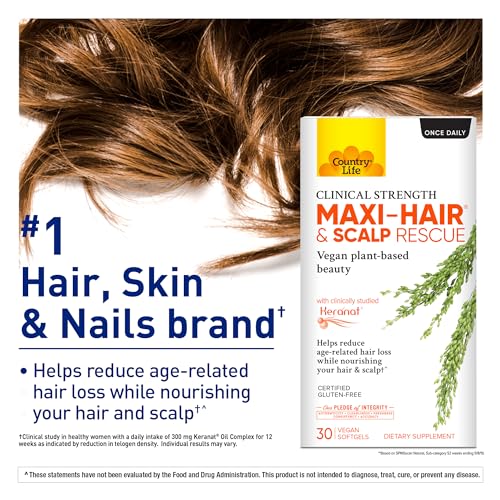 Country Life Maxi-Hair & Scalp Rescue, Clinical Strength Plant-Based Beauty, 30 Softgels, Gluten Free