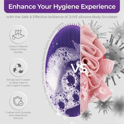 Juve Silicone Shower Scrubber- Body and Face Exfoliator for Women and Men- Exfoliating Bath Brush for Showering- Wash Away Excess Skin- Bathing Essentials Products and Accessories for Hygiene
