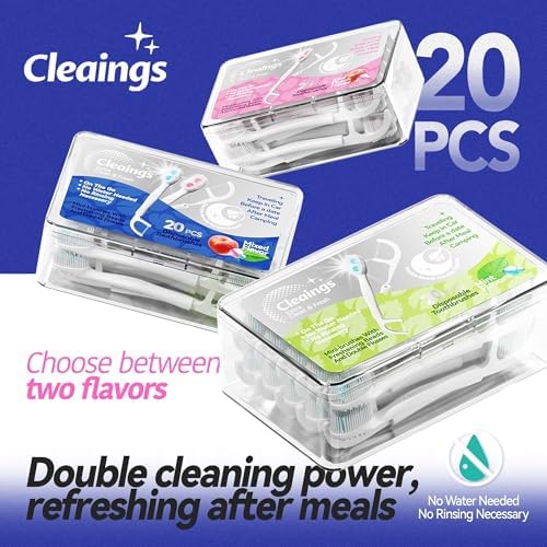 cleaings® Disposable Toothbrushes with Double Cleaning Beads Toothpaste and Clean Floss Picks for Work or Travel - 20 pcs-Mint Flavor（Pack of 1）