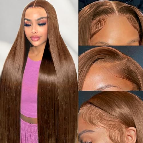 Cypha 28 Inch Chocolate Brown Lace Front Wigs Human Hair Pre Plucked 13x6 Straight Lace Front Wigs Human Hair 180% Density Colored #4 Light Brown Glueless Wig HD Lace Frontal Wigs for Women