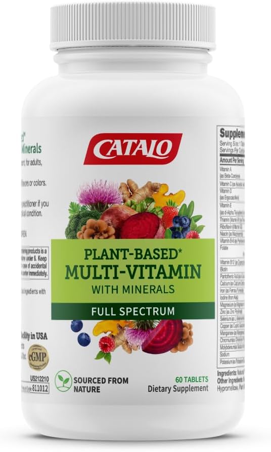 CATALO Multivitamin for Women & Men with Minerals Tablets – Plant-Based Formula with 25 Essential Vitamins & Minerals, Includes 39 Fruits, Vegetables, Mushrooms & Herbs – 60 Tablet