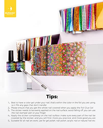 BURANO Nail Art Foil Glue Gel, 15ML 2 Bottles with 60PCS Foils Sticker, Nails Designer Adhesive Transfer Art UV LED Lamp Required
