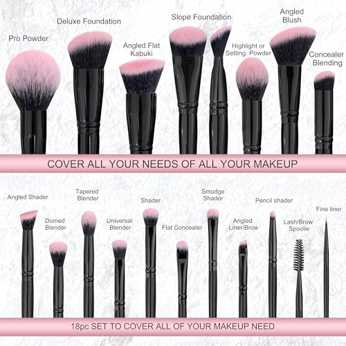 Bueart Design 18Pcs Pro Deluxe Fuchsia Pink Black Makeup Brushes set with Travel Make up Brush Holder case Foundation concealer contour Blush eyeshadow face make up brush set