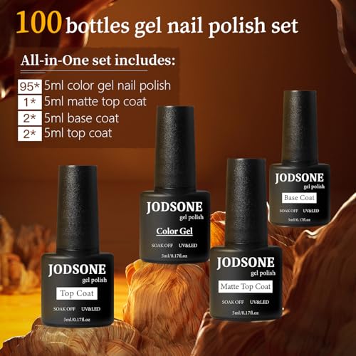 JODSONE 100 PCS (5 ml each) Gel Nail Polish Kit No Wipe Soak off Base Coat and Matte Glossy Top Coat Gel Polish Collections Gifts for Manicure Lovers