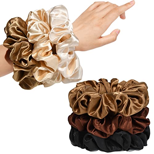CEELGON Large Silk Satin Scrunchies for Women Big Scrunchies Jumbo Satin Hair Ties Oversized Hair Scrunchies for Thick Curly Hair Pack of 6 (Black,Champagne,Brown,Gold)