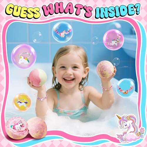 Kids Bath Bombs with Surprise Inside,9 Pack Unicorn Bath Bombs for Girls-5 with Surprise Toys,Including Jewelry Toys,Natural Organic Kids Bubble Bath with Fruity Scents,Relaxing Aromas,Birthday Gift