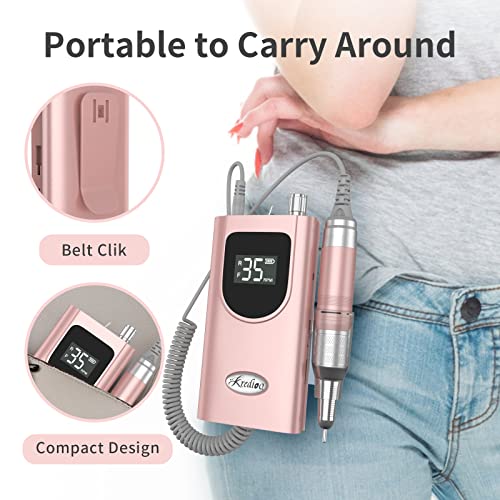 Kredioo Nail Drill, 35000RPM Nail Drills for Acrylic Nails Professional Cordless Electric File Rechargeable Portable Machine 6 Bits Dremel Tools for Women Manicure Pedicure Remove Gel Polish