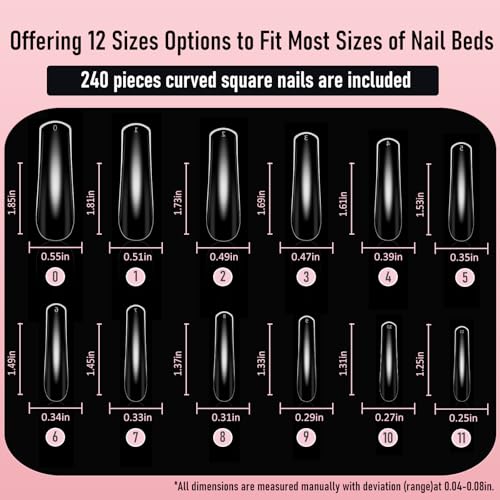 Curved Square Nail Tips Press on Full Cover Nails, Extra Curve Clear XXL Square Nail Tips Long XL Acrylic Fake Nails Extension, French False Nail 12 Sizes 240pcs