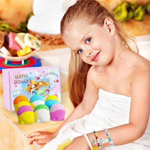 Kids Bath Bombs, 6 Pack Mermaid Bath Bombs for Kids, 4 Oz Natural Organic Bubble Shells with Surprise Jewelry, Perfect Birthday, Christmas Party