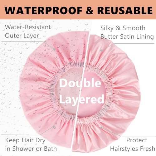 Adjustable Shower Caps for Women Reusable Waterproof Satin Lining Extra Large Shower Cap for Women and Men Long Hair Braids Curly Hair (Xl,Pink)