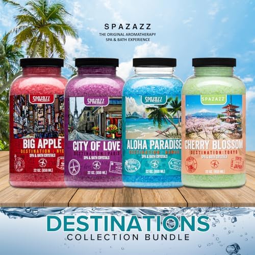 Hot Tub & Spa Aromatherapy Bath Salt Crystal Scents Spazazz Destinations Collection Bundle Aloha Paradise, Big Apple, City of Love, Cherry Blossom - Skin Moisturizer - Will Not Damage Spas & Hot Tubs