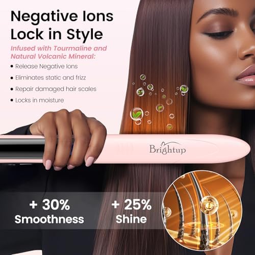 Brightup Tourmaline Ceramic Hair Straightener and Curler 2 in 1 with 1 Inch Vibrating Plates, Ionic Flat Iron with 10 Temp Control/Auto Shut Off, 20S Fast Heating for Smooth Long Lasting Results, Pink