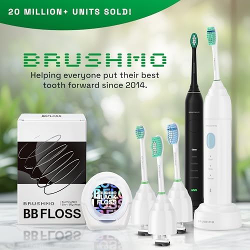 Brushmo e-Series Total Clean Replacement Toothbrush Heads, Compatible with Philips Sonicare Screw-on Electric Toothbrush Handles, 6 Standard Heads, Medium Firm Dupont Bristles, BM726, White