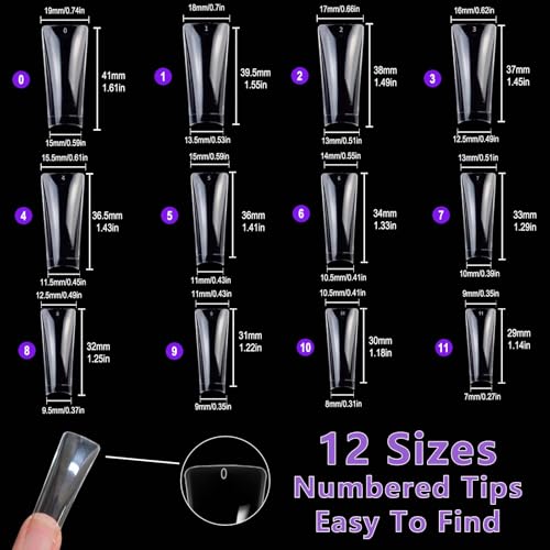 Laza 600pcs Long Duck Nail Tips 12 Sizes Box-packed Clear Duck Nails Half Cover Wide Nail Tips French False Nail Tips for Acrylic Nails Extension Tips — 41MM