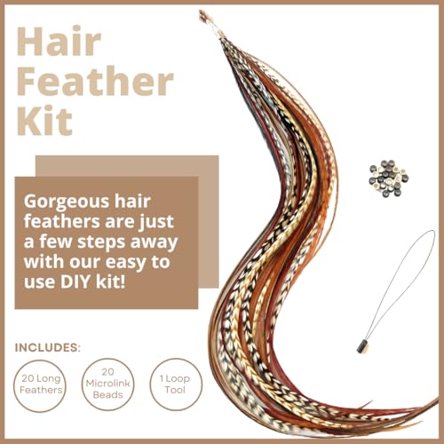 Hair Feathers Kit, 20 Beautiful Feathers for Hair, Brown Black White Long Feather Extensions with beads and loop tool, 100% Real Rooster Boho Soft Natural Feather Accessories