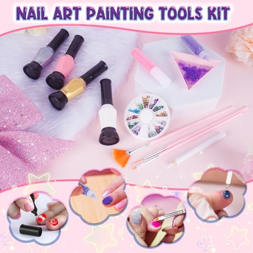 Kids Nail Polish Set for Girls, 27PCS Nail Art Kit with Nail Dryer, Non Toxic Nail Polish kit and Fake Nails for Kids, Girl Toys Age 6-8, Halloween Christmas Birthday Gifts for Girls 8-12
