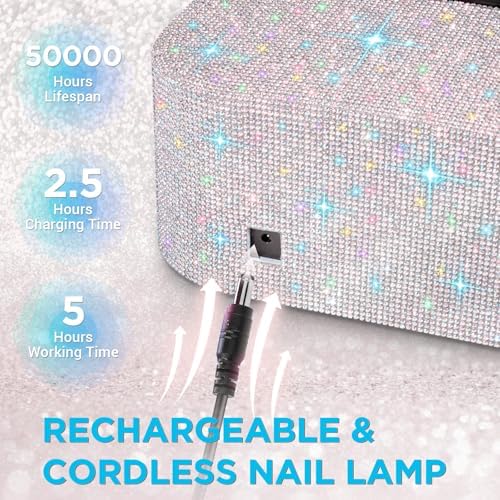 Cordless UV Nail Lamp, Rechargeable UV Light for Gel Nails, LED Nail Lamp with 4 Timer Modes, Gel Nail UV Light Decorate with Sparkling Nail Rhinestones (Sparkly White)