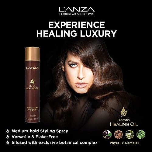 L'ANZA Keratin Healing Oil Brush Thru Hair Spray with Medium Hold Effect, For a Shiny Finishing and a Long-lasting Look, With Triple UV and Heat Protection, Suitable For All Hair Types (10.6 Fl Oz)