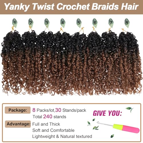 COOKOO 8 Inch 30 Strands/PCS Pre-looped Yanky Twists Crochet Braids 8 Packs Ombre Brown Spring Twists Hair Senegalese Twist Crochet Hair with Curls Synthetic Marlybob Crochet Hair Extensions 1B/30#