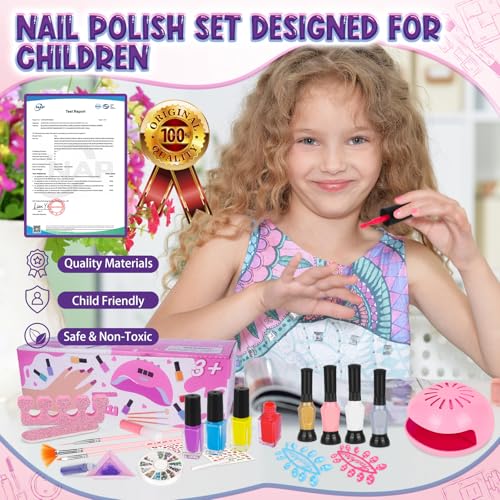 Kids Nail Polish Set for Girls, 27PCS Nail Art Kit with Nail Dryer, Non Toxic Nail Polish kit and Fake Nails for Kids, Girl Toys Age 6-8, Halloween Christmas Birthday Gifts for Girls 8-12