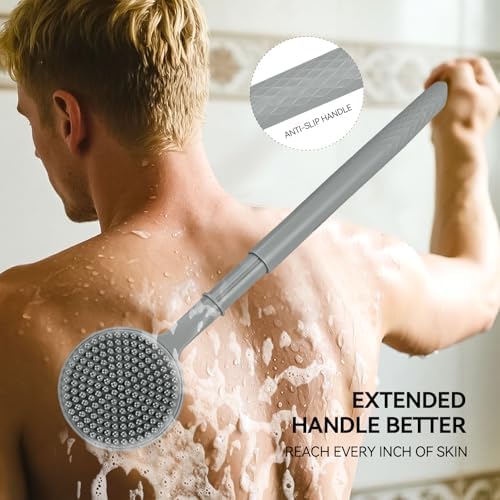 Back Scrubber for Shower, (16-24 Inch) Extendable Bath Brush Long Handle for Shower, Silicone Body Scrubber with Handle, Back Brush for Shower Men and Women,Easy to Clean (Gray)