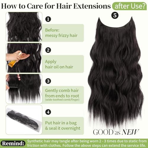 KooKaStyle Invisible Wire Hair Extensions with Transparent Wire Adjustable Size 4 Secure Clips Long Wavy Secret Synthetic Hairpiece 20 Inch Dark Brown for Women