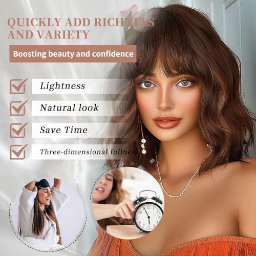 Lativ Brown Highlight Wigs for Women Short Wavy Curly Bob Wig with Bangs Shoulder Length 14 Inches Synthetic Hair for Daily Party Use