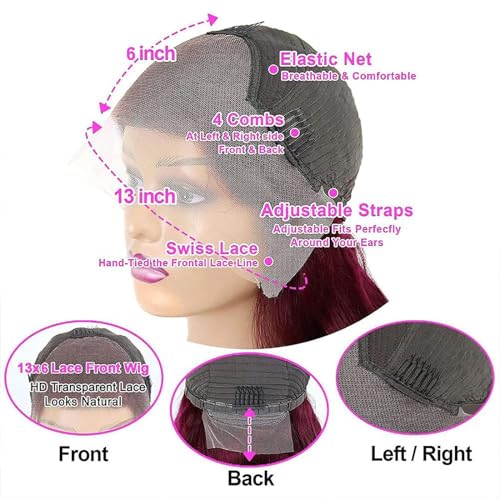 Burgundy Wig Human Hair 28inch 13x6 HD Transparent Lace Straight 99J Red Human Hair Wig Colored Reddish Brown Lace Frontal Wigs 180% Density Pre Plucked