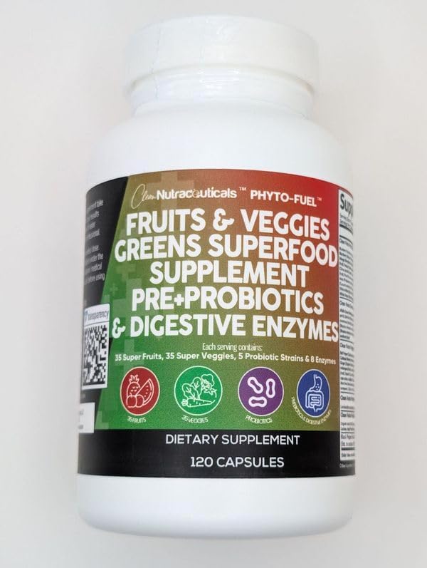 Clean Nutraceuticals Fruits and Veggies Supplement Reds & Green Superfood - Balance of Over 70 Fruit & Vegetable Supplements Capsules with Probiotics Prebiotics Digestive Enzymes - 3Pack