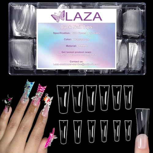 Laza 600pcs Long Duck Nail Tips 12 Sizes Box-packed Clear Duck Nails Full Cover Wide Nail Tips French False Nail Tips for Acrylic Nails Extension Tips — 44MM