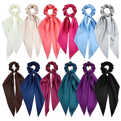 Cinaci 12 Pieces Solid Silky Satin Chiffon Hair Ties with Long Ribbon Bow Tail Hair Scrunchies Ponytail Holders Rubber Bands Accessories for Women Girls Teens