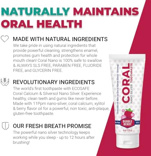 Coral Nano Silver Bubble Berry Kids Toothpaste, Natural Fluoride Free Teeth Whitening Toothpaste, Coral Calcium Nano Silver Infused SLS Free - 4 Ounces