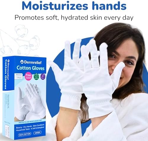 Cotton Gloves - for Beauty, Dry Hands, Eczema, Dermatitis and Psoriasis (7 Pairs) with Free Gifts (Professional Nail Buffer & Washing Bag) (Large)