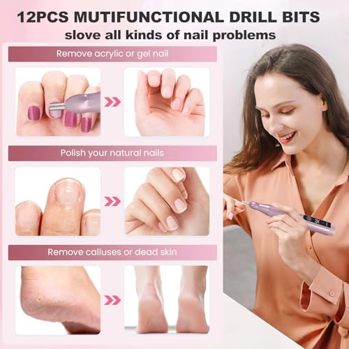 Cordless Nail Drill, 35000RPM Professional Efile Nail Drill Machine, LCD Display Rechargeable Portable Electril Nail Drill with 12pcs Bits and 6pcs Sanding Bands for Acrylic Nails Gel Polish Remover