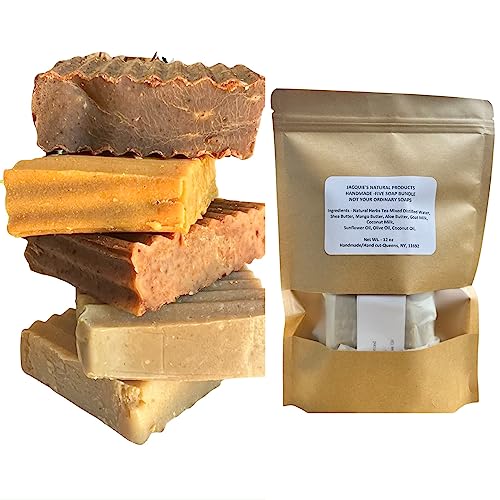 Jacquie's Natural Products - Soap Bundle 12 oz - 5 Organic Handmade Soaps|Cerasee-Soursop|Rosehip -unscented|Lemongrass-Rosemary|Bentonite Clay-unscented|Oatmeal Honey