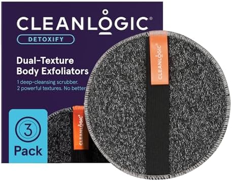 Cleanlogic Detoxify Purifying Charcoal Infused Exfoliating Body Scrubber, Dual-Texture Round Exfoliator Tool for Smooth, Clean Skin, Daily Skincare Routine, 3 Count Value Pack