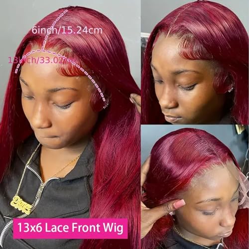 Burgundy Wig Human Hair 28inch 13x6 HD Transparent Lace Straight 99J Red Human Hair Wig Colored Reddish Brown Lace Frontal Wigs 180% Density Pre Plucked
