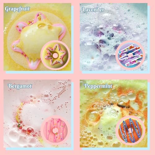 KAV Bath Bombs, 4 Donut Bath Bomb Gift Set, Natural Organic Bubble Bathbombs for Women, Gifts Stocking Stuffers Christmas Easter Self Care Gift Set for Ladies Girls Kids - 4 Scents
