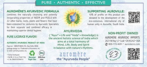 Auromere Ayurvedic Herbal Toothpaste, Mint Free - Vegan, Natural, Non GMO, Fluoride Free, Gluten Free, with Neem & Peelu (4.16 oz), 2 Pack