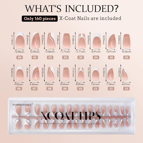 BTArtbox French Tip Press on Nails - 5 Styles XCOATTIPS Short Coffin Nails, Pre-Designed Swirl Soft Gel Nail Tips, Ultra Fit False Nails, Soak Off Acrylic Fake Nails Extensions for Nail Art