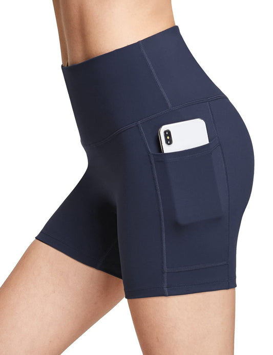 BALEAF Biker Shorts Women Yoga Gym Workout Spandex Running Volleyball Tummy Control Compression Shorts with Pockets Soft 5" Blue XXL