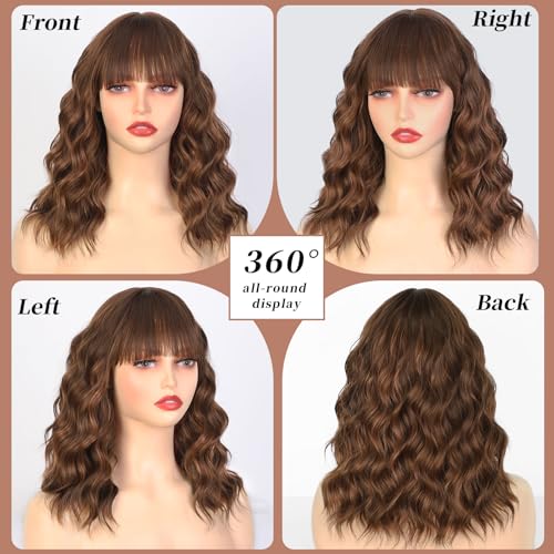Lativ Brown Highlight Wigs for Women Short Wavy Curly Bob Wig with Bangs Shoulder Length 14 Inches Synthetic Hair for Daily Party Use