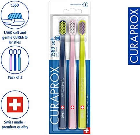 Curaprox CS 1560 Soft Toothbrush with Ultra-Fine Filaments & Compact, Slightly Angled Toothbrush Head for Improved Tooth & Gum Health, 3 Pack